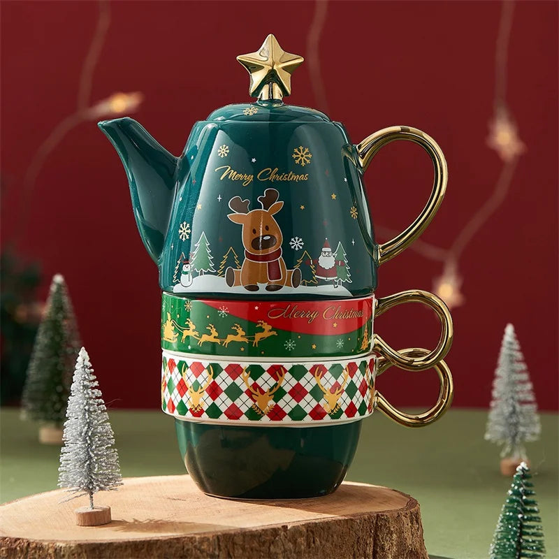 Christmas Ceramic Teapot & Teacup Set – Santa Claus or Elk Design with Gift Box