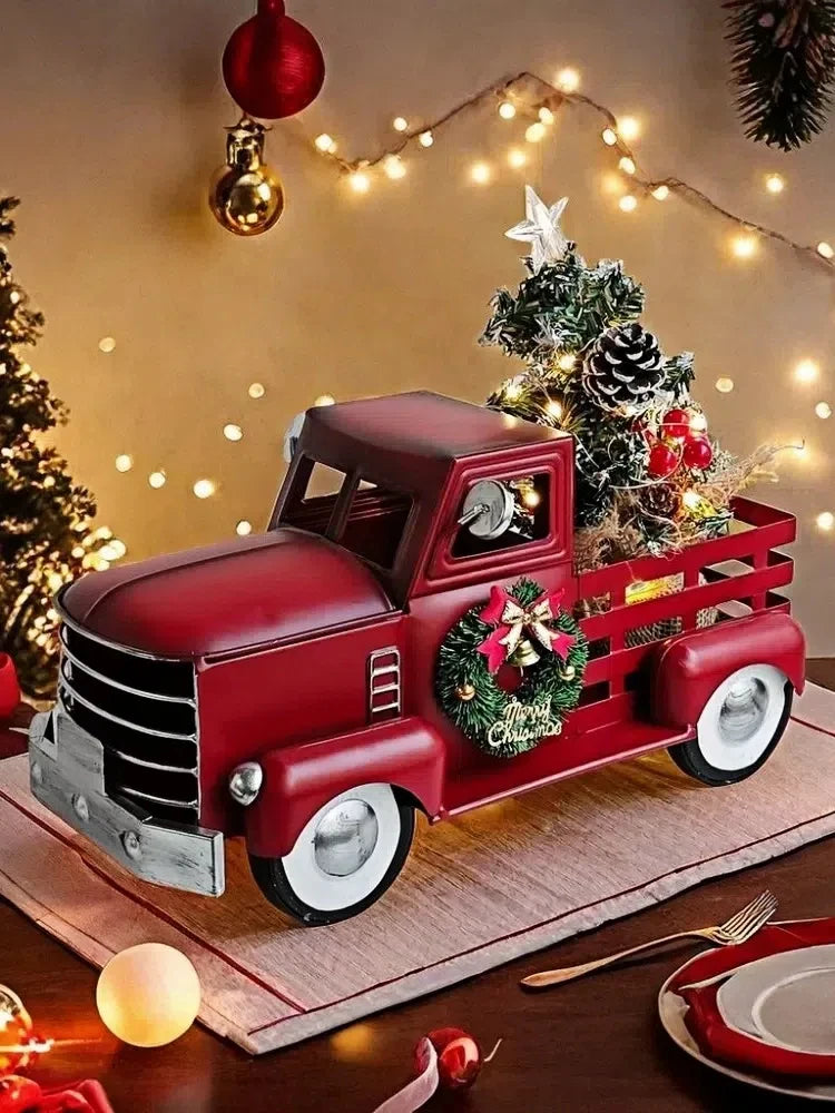 Red Christmas Truck with Tree & Warm White Twinkling Lights – Festive Farmhouse Holiday Decoration