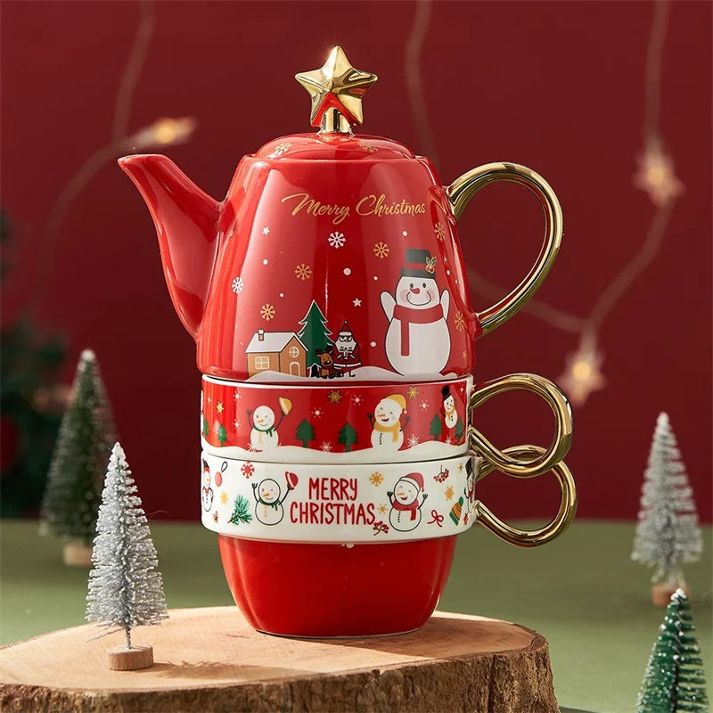 Christmas Ceramic Teapot & Teacup Set – Santa Claus or Elk Design with Gift Box