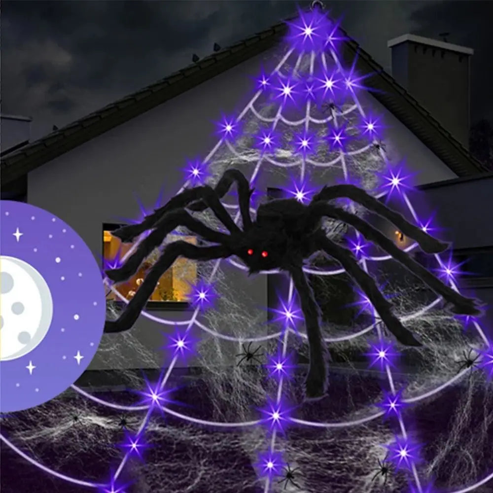 Halloween Spider Web Lights – 8 Modes Waterproof LED Spider Net | Triangle Hanging Glow Web with Giant Spider for Outdoor & Party Decoration