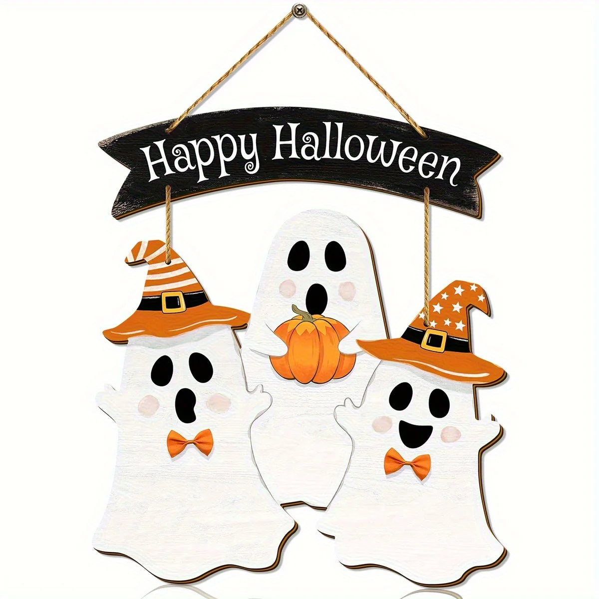 Halloween Wooden Door Hanging – Pumpkin & Ghost Sign | Rustic Wooden Pendant for Home, Party, or Carnival Night Decoration