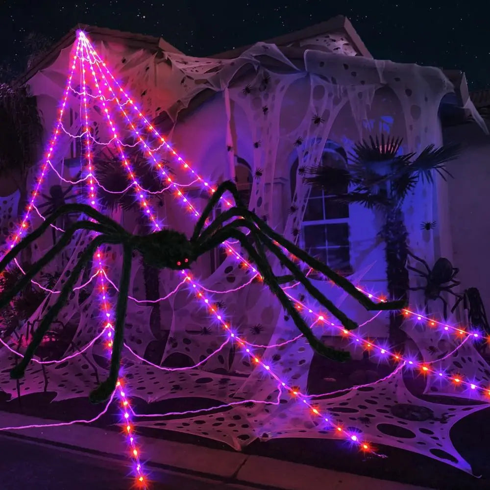 Halloween Spider Web Lights – 8 Modes Waterproof LED Spider Net | Triangle Hanging Glow Web with Giant Spider for Outdoor & Party Decoration