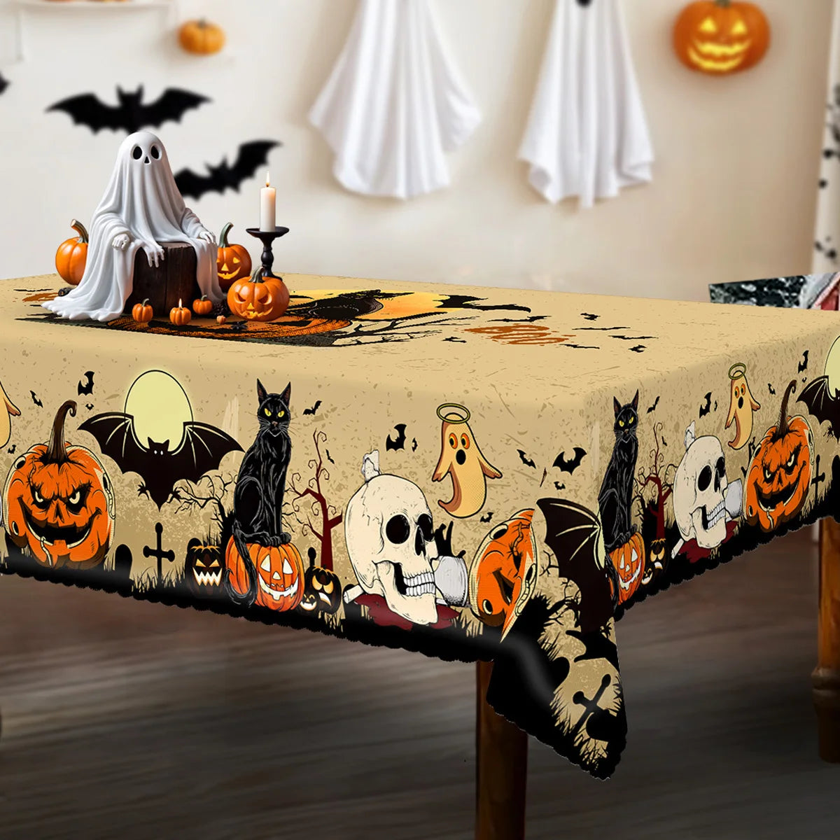 Halloween Tablecloth – Spooky Pumpkins, Bats, Skulls & Black Cat Design | Durable Polyester Table Cover for Kitchen, Dining & Party Decor