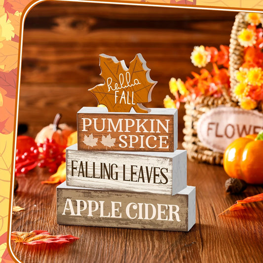 4Pcs Wooden Fall Tabletop Décor – Rustic Maple Leaf Tiered Tray Signs, Farmhouse Autumn Centrepiece Blocks