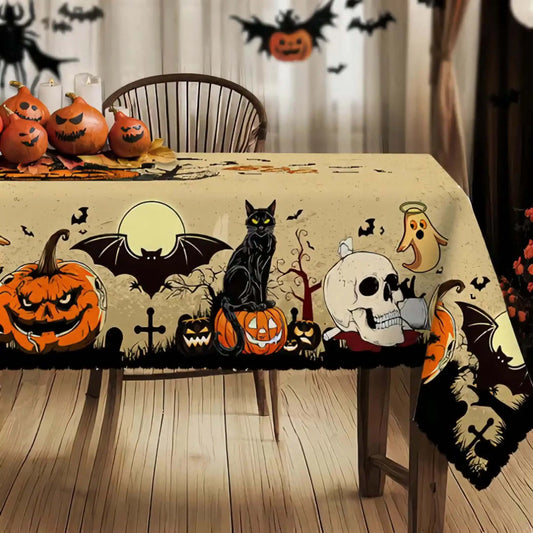 Halloween Tablecloth – Spooky Pumpkins, Bats, Skulls & Black Cat Design | Durable Polyester Table Cover for Kitchen, Dining & Party Decor