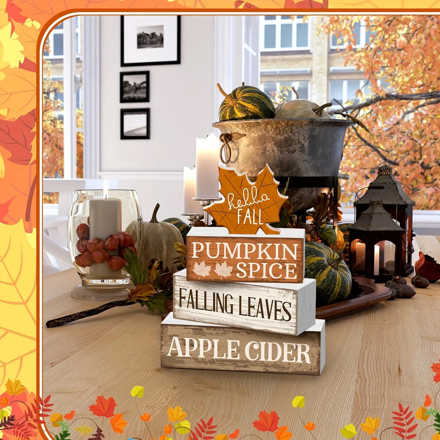 4Pcs Wooden Fall Tabletop Décor – Rustic Maple Leaf Tiered Tray Signs, Farmhouse Autumn Centrepiece Blocks