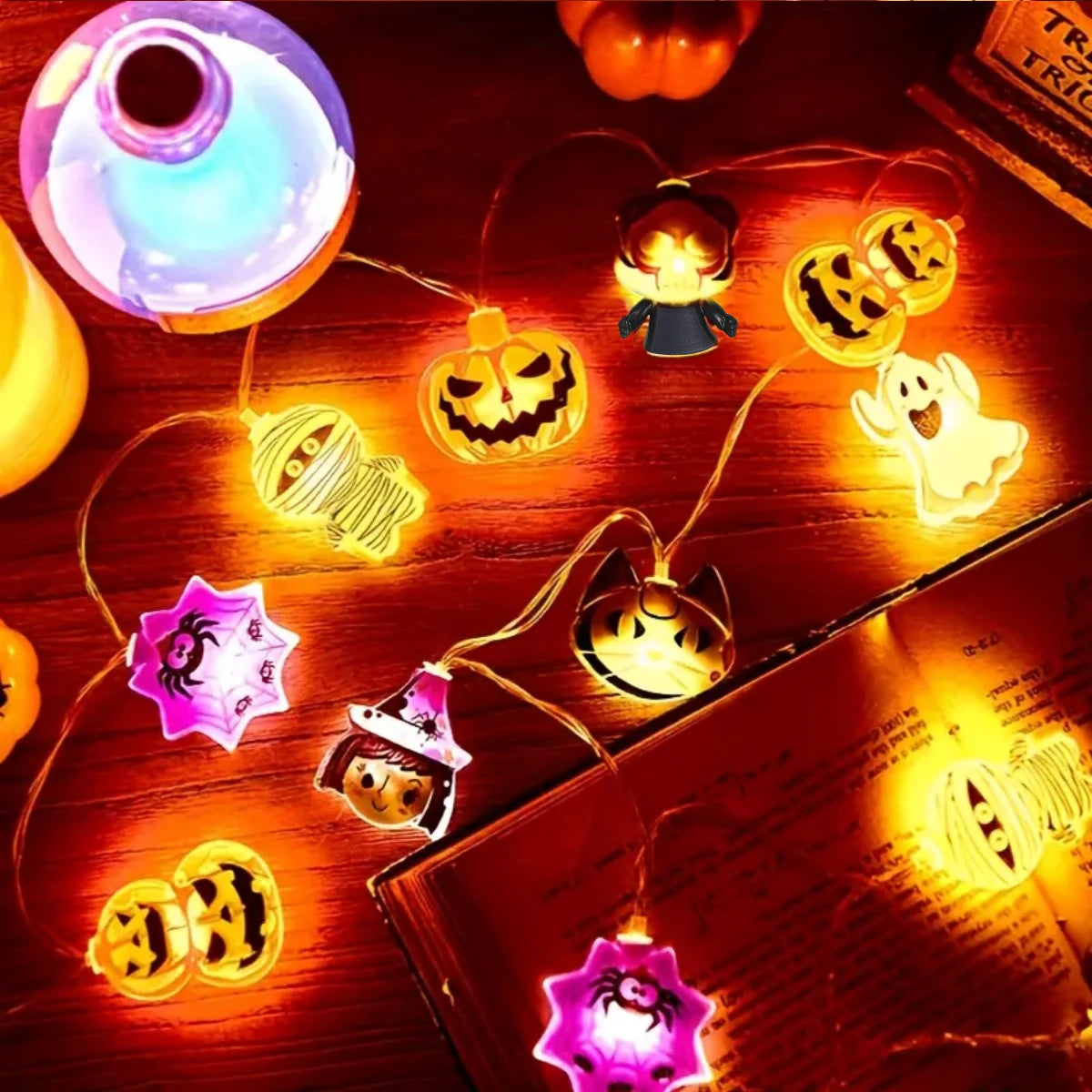 Halloween LED String Lights – 10/20 Battery-Powered Lights with Ghost, Pumpkin, Spider Web, Skeleton & Witch Designs for Indoor Décor