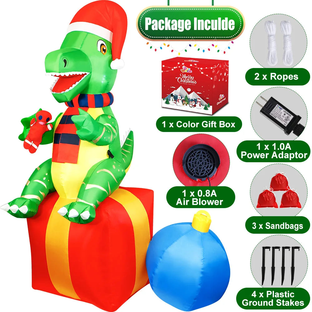 6FT Christmas Inflatable Dinosaur with LED Lights | Fun Outdoor Christmas Decoration