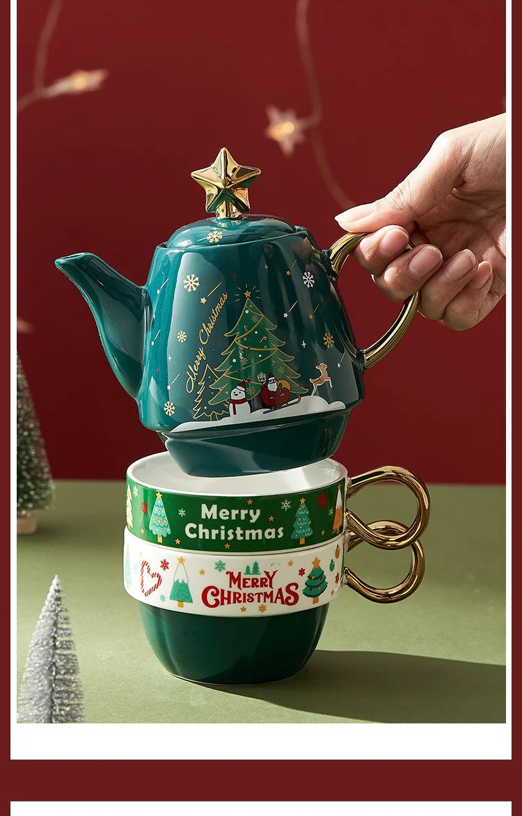 Christmas Ceramic Teapot & Teacup Set – Santa Claus or Elk Design with Gift Box