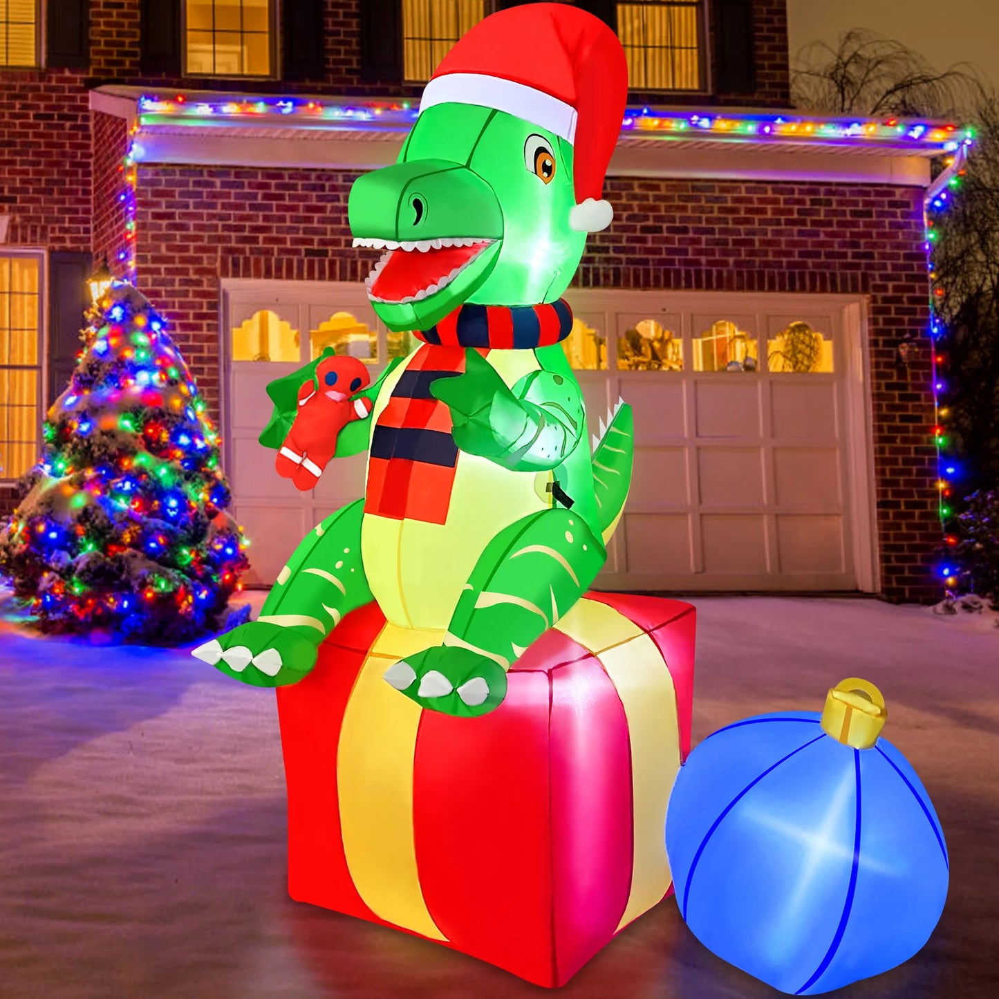 6FT Christmas Inflatable Dinosaur with LED Lights | Fun Outdoor Christmas Decoration