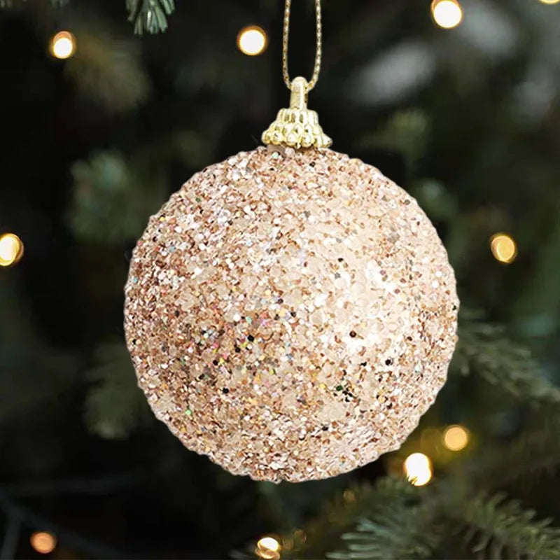 6pcs Glitter Champagne Gold Christmas Baubles – Sparkling Tree Ornaments for Xmas & New Year Party Décor