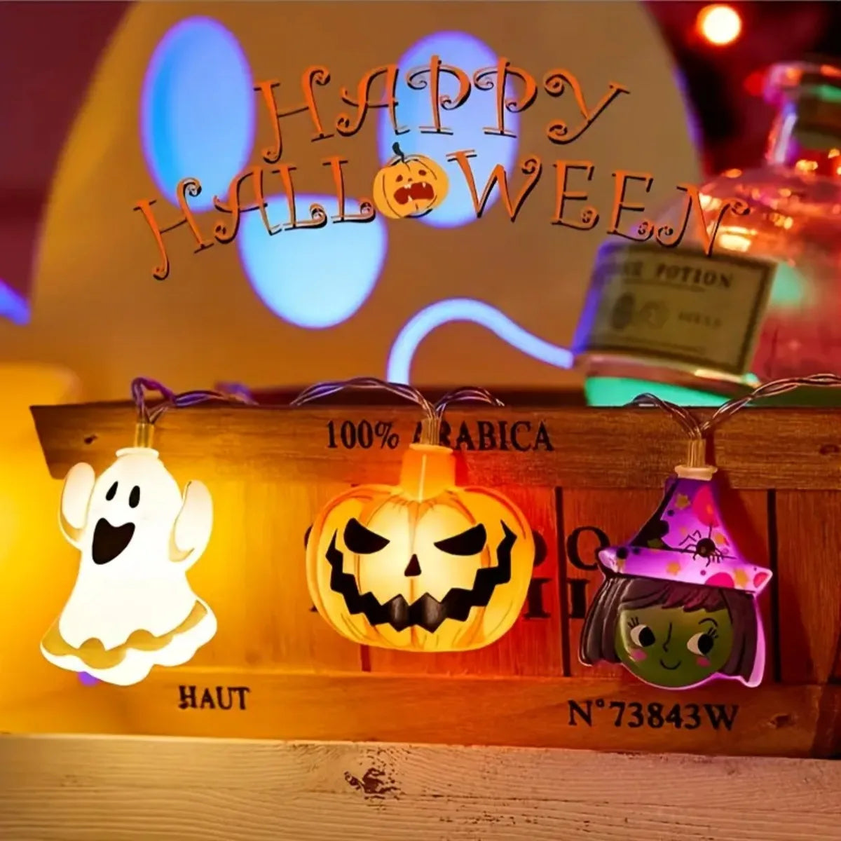 Halloween LED String Lights – 10/20 Battery-Powered Lights with Ghost, Pumpkin, Spider Web, Skeleton & Witch Designs for Indoor Décor