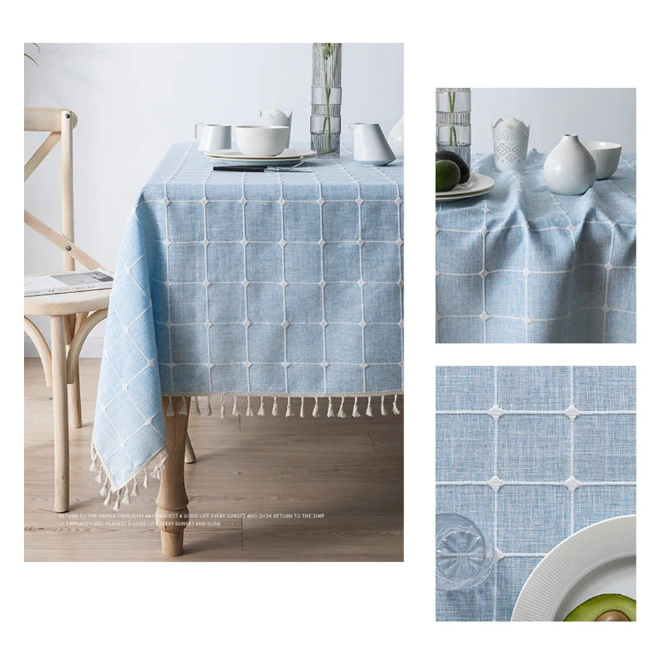 Textured Jacquard Checkered Tablecloth with Tassels | Cotton-Linen Winter Table Cover