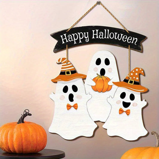 Halloween Wooden Door Hanging – Pumpkin & Ghost Sign | Rustic Wooden Pendant for Home, Party, or Carnival Night Decoration