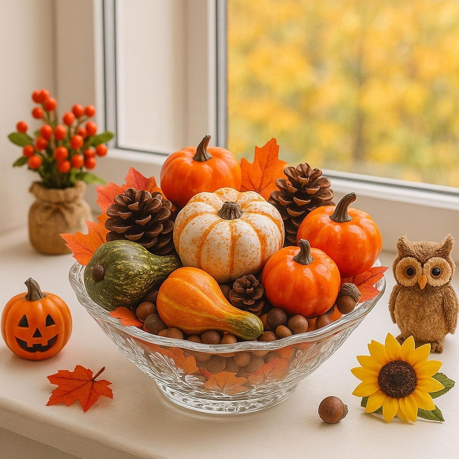 50pcs Autumn Decorations – Artificial Halloween Pumpkins & Mini Maple Leaves