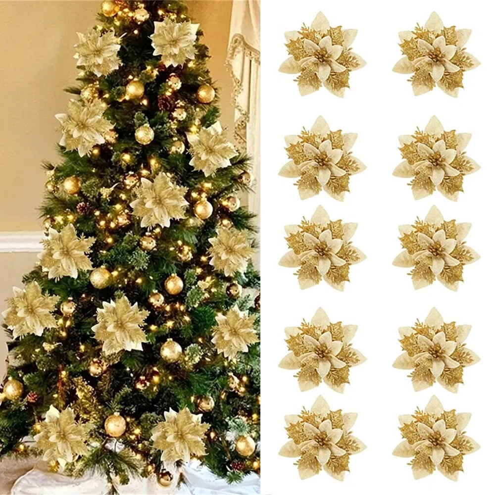 Decorative Christmas tree with gold and white flowers next to a set of similar flowers on a plain background