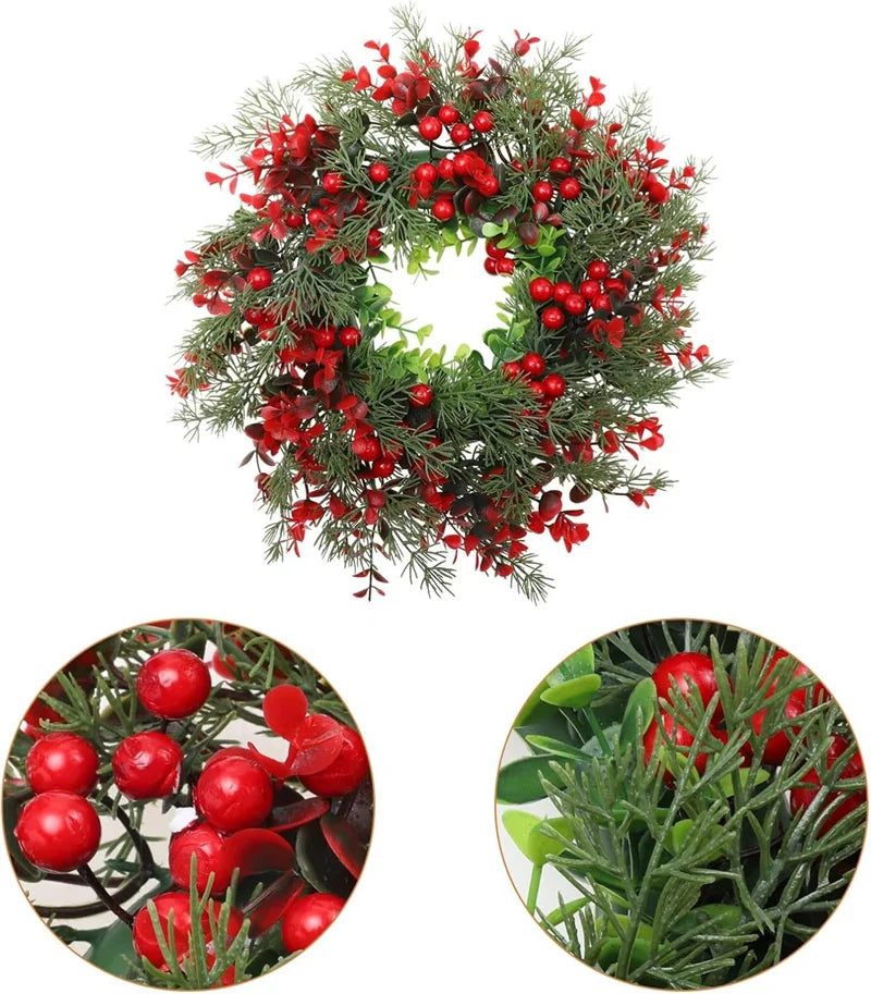 Christmas wreath with red berries and close-up details on a white background