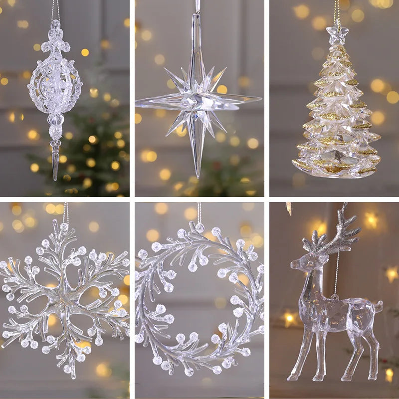 Set of six clear Christmas ornaments including a tree, star, snowflake, and deer against a blurred festive background.