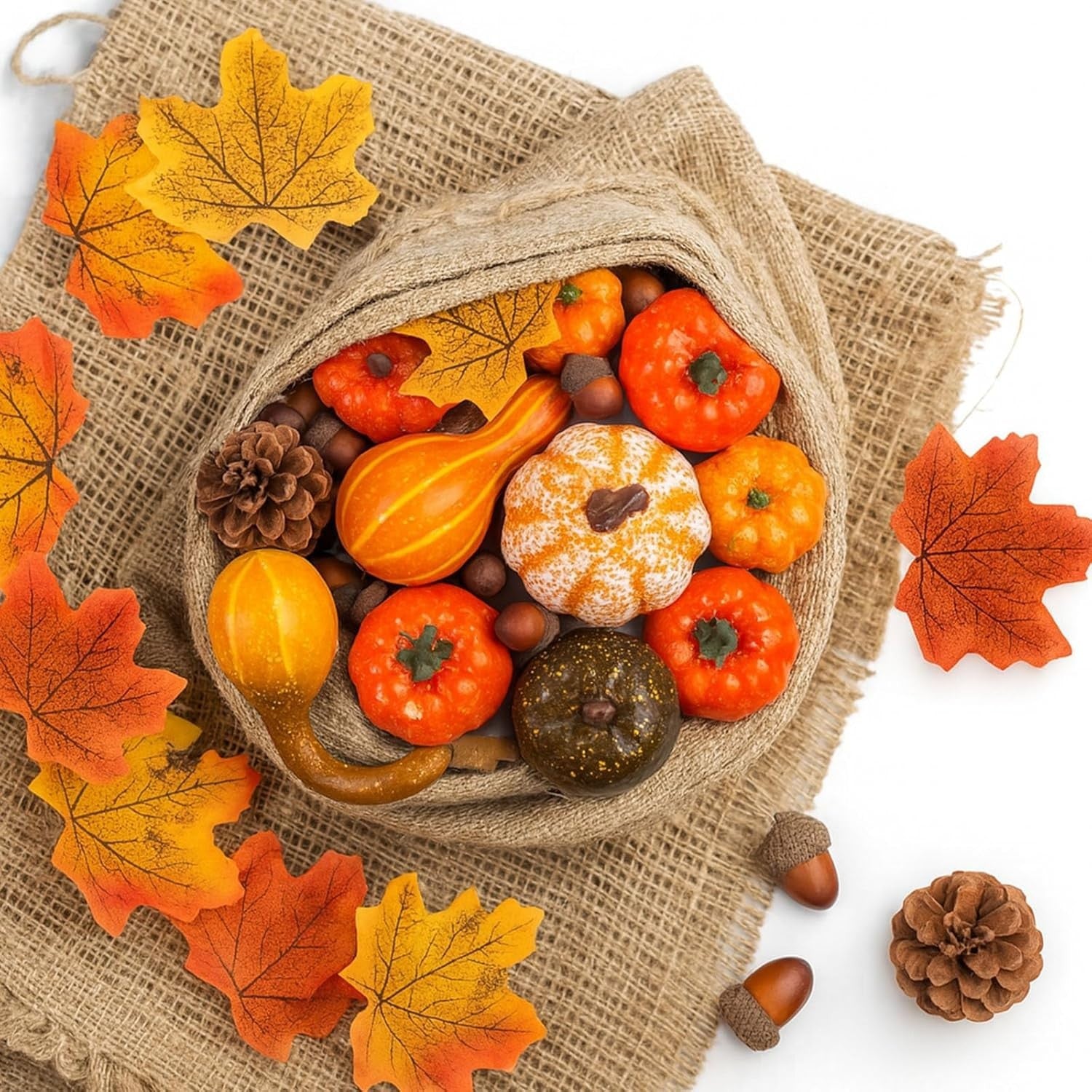 50pcs Autumn Decorations – Artificial Halloween Pumpkins & Mini Maple Leaves