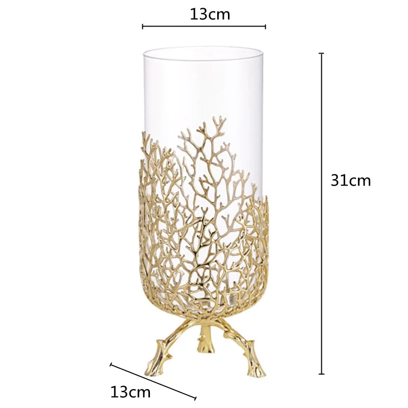 Gold coral-like candle holder/vase with measurements on a white background