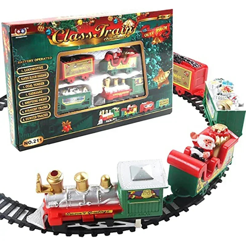 Toy train set with Santa Claus figure on a track next to its packaging