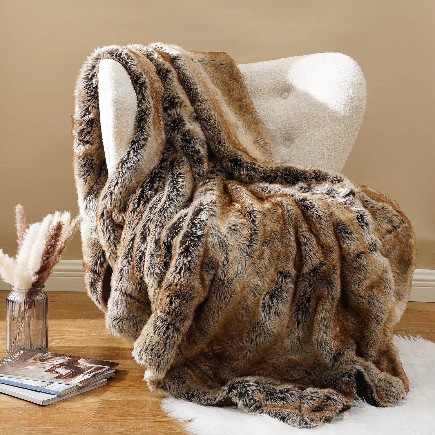 Luxury Faux Fur Blanket – Fluffy Plaid Throw, Thick Warm Winter Sofa Blanket, Plush Bed Throw