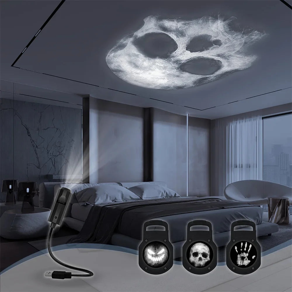 360° Rotating Skull LED Night Light with Interchangeable Faces & Palm Prints – USB-Powered Halloween Wall & Ceiling Decoration