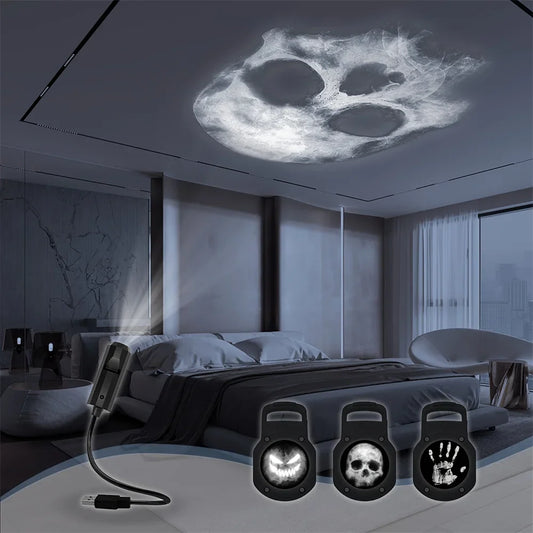 360° Rotating Skull LED Night Light with Interchangeable Faces & Palm Prints – USB-Powered Halloween Wall & Ceiling Decoration
