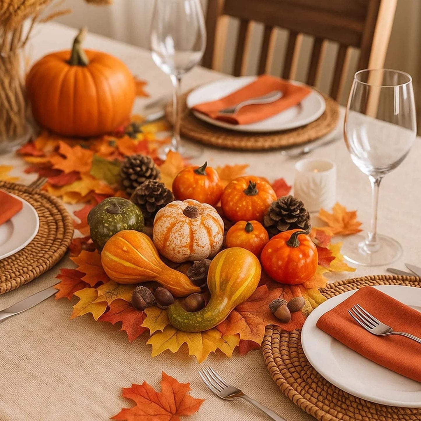 50pcs Autumn Decorations – Artificial Halloween Pumpkins & Mini Maple Leaves