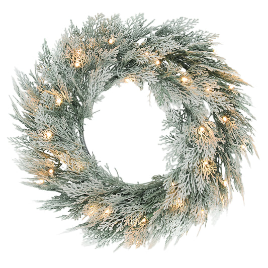 60 cm pre-lit flocked Christmas wreath with 35 warm LED lights, timer and silver accents — a glowing, snow-kissed wreath for doors or walls.
