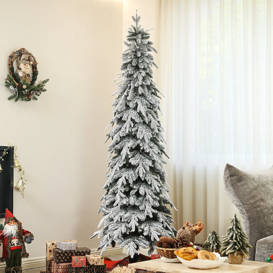 7ft slim artificial flocked Christmas tree with easy auto-open branches and a strong steel base — a snow-covered centrepiece for festive homes.