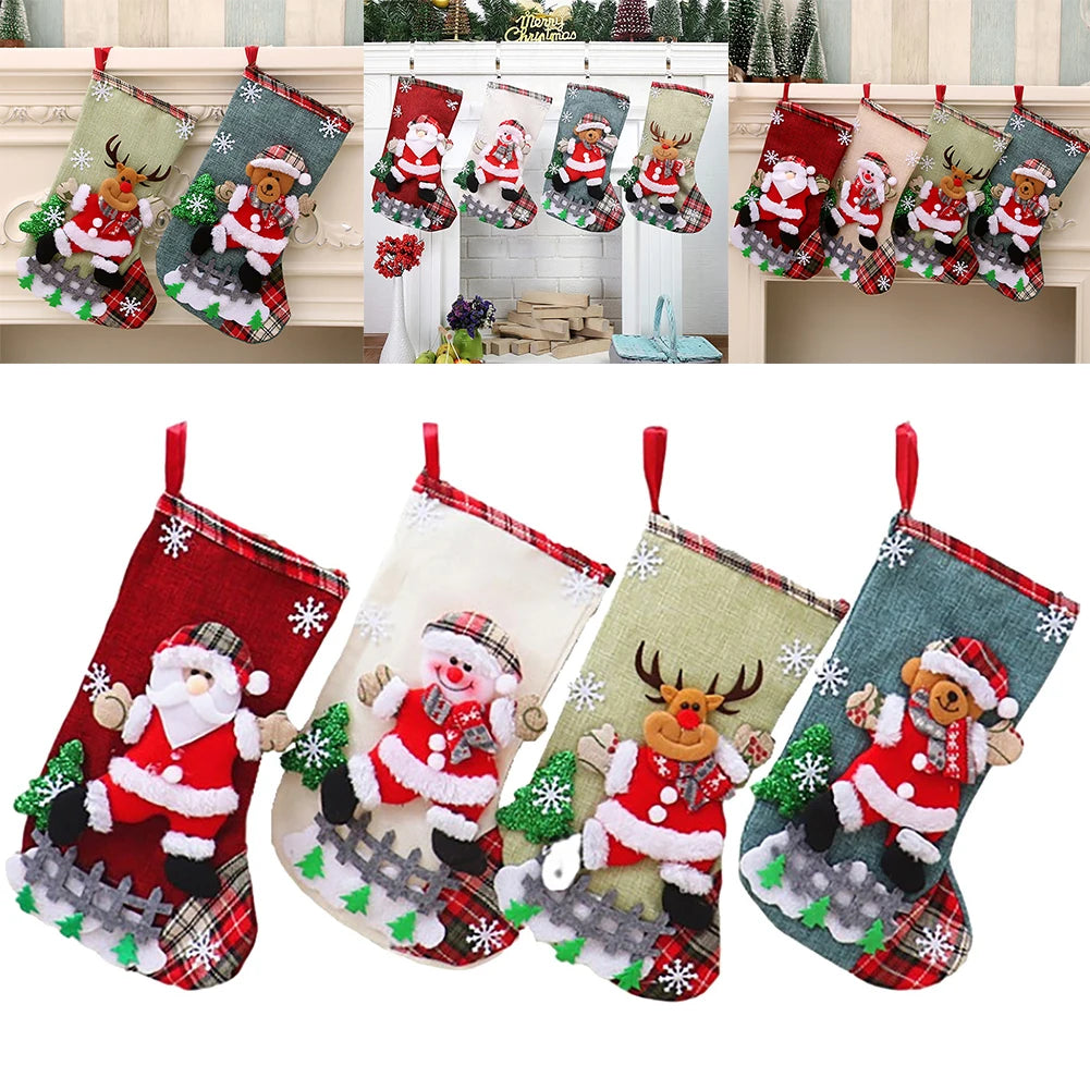 Set of Christmas stockings with Santa Claus and reindeer designs, hanging on a fireplace.