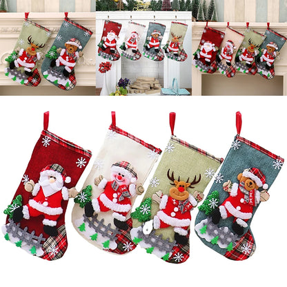 Set of Christmas stockings with Santa Claus and reindeer designs, hanging on a fireplace.