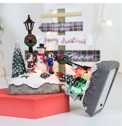 LED Christmas Village Ornament | Light-Up Resin Micro landscape Figurine with Santa & Snow Scene