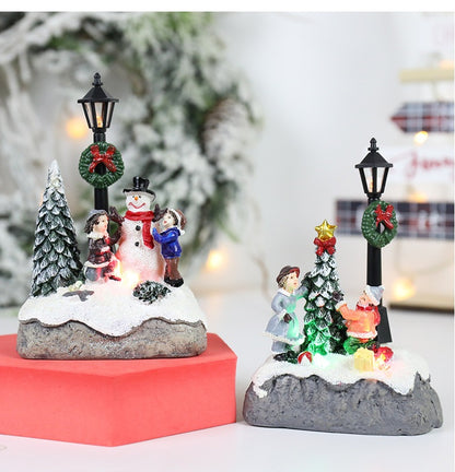 LED Christmas Village Ornament | Light-Up Resin Micro landscape Figurine with Santa & Snow Scene