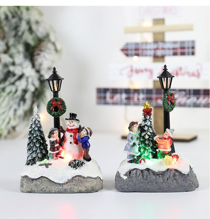 LED Christmas Village Ornament | Light-Up Resin Micro landscape Figurine with Santa & Snow Scene