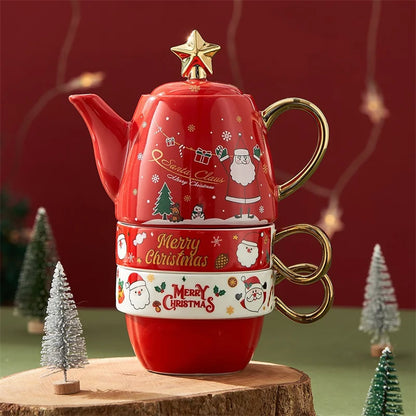 Christmas Ceramic Teapot & Teacup Set – Santa Claus or Elk Design with Gift Box
