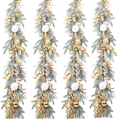 Golden Christmas Wreath for Front Door | Artificial Pinecone & Rattan Garland with Festive Flowers