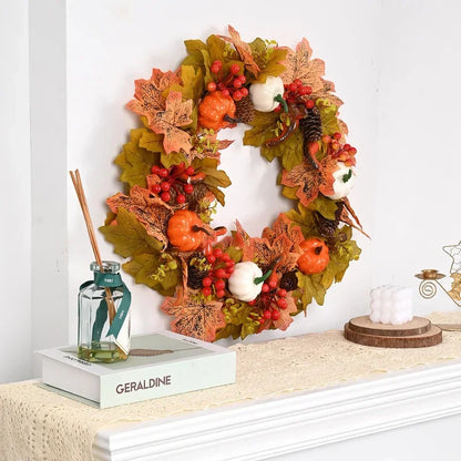 45cm Autumn Harvest Wreath – Artificial Pumpkin, Berry & Maple Leaf Front Door Decoration for Autumn/Fall & Halloween