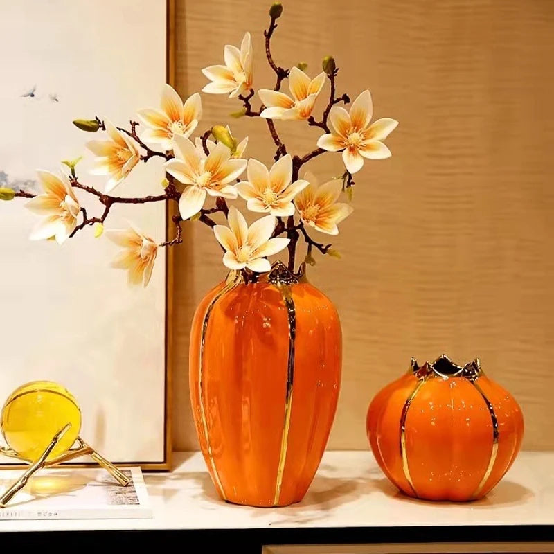 Nordic Pumpkin Ceramic Vase with Gold Edge – Green or Orange Decorative Vase for Home, Living Room & Office Decor (1PC)