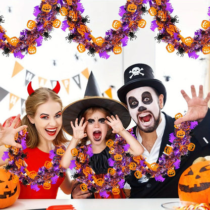 2m Halloween Tinsel Garland – Shiny Metallic Twist Garland with Orange Pumpkins, Black Spiders & Purple Bats for Party & Home Décor
