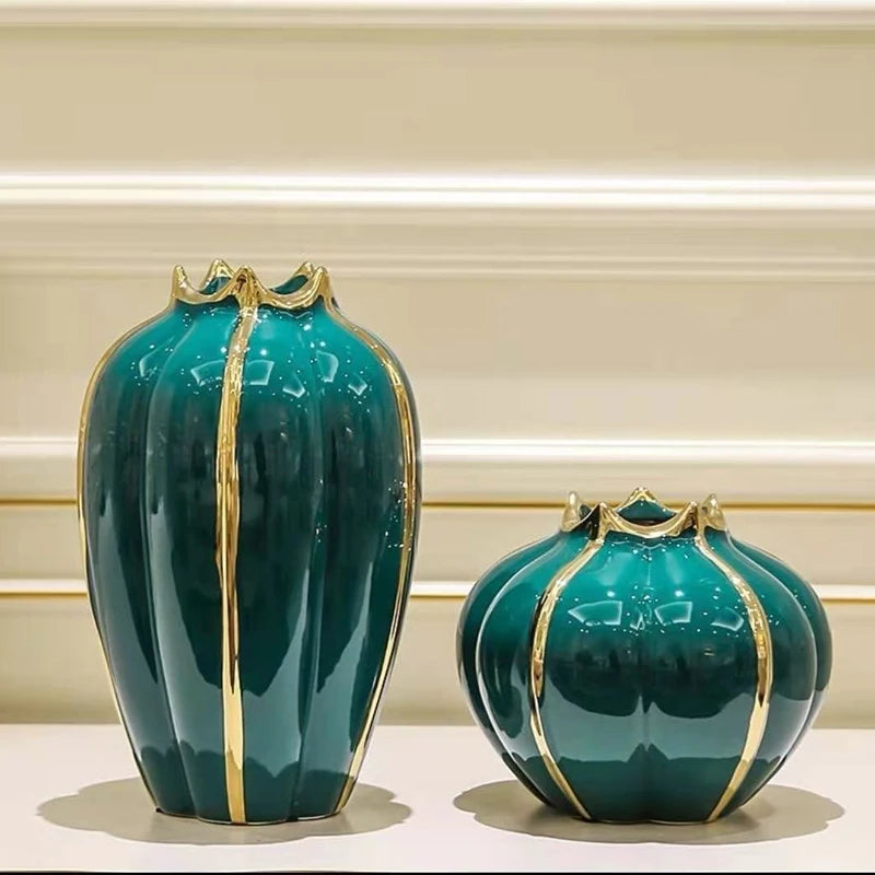 Nordic Pumpkin Ceramic Vase with Gold Edge – Green or Orange Decorative Vase for Home, Living Room & Office Decor (1PC)