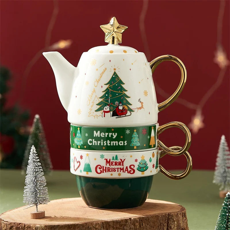 Christmas Ceramic Teapot & Teacup Set – Santa Claus or Elk Design with Gift Box
