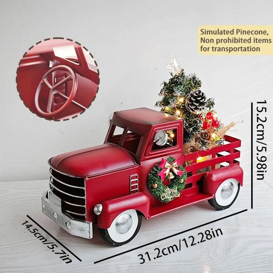 Red Christmas Truck with Tree & Warm White Twinkling Lights – Festive Farmhouse Holiday Decoration