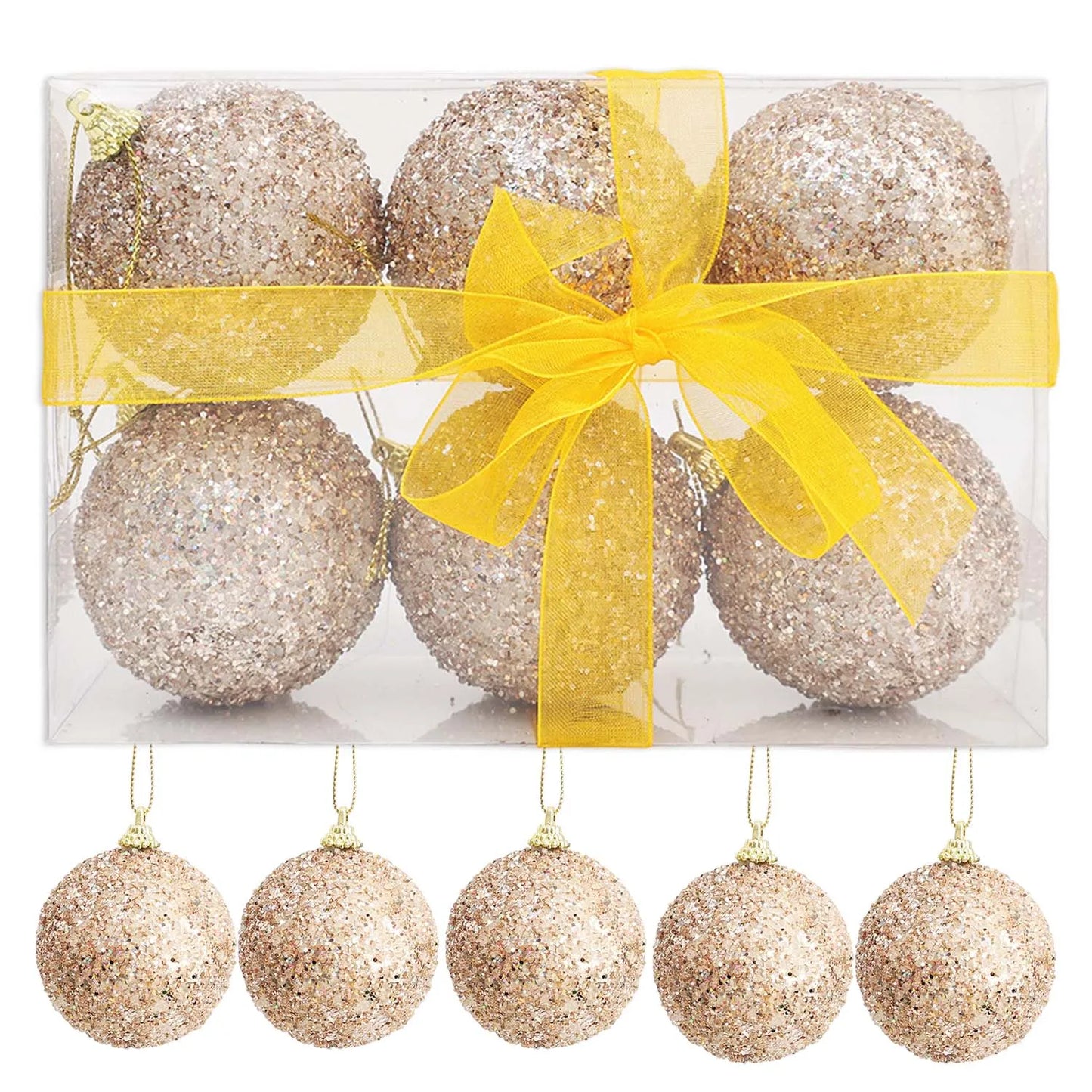 6pcs Glitter Champagne Gold Christmas Baubles – Sparkling Tree Ornaments for Xmas & New Year Party Décor