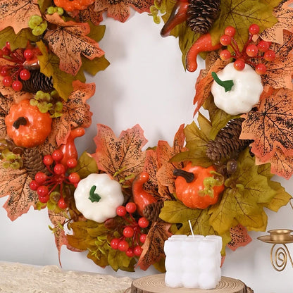 45cm Autumn Harvest Wreath – Artificial Pumpkin, Berry & Maple Leaf Front Door Decoration for Autumn/Fall & Halloween