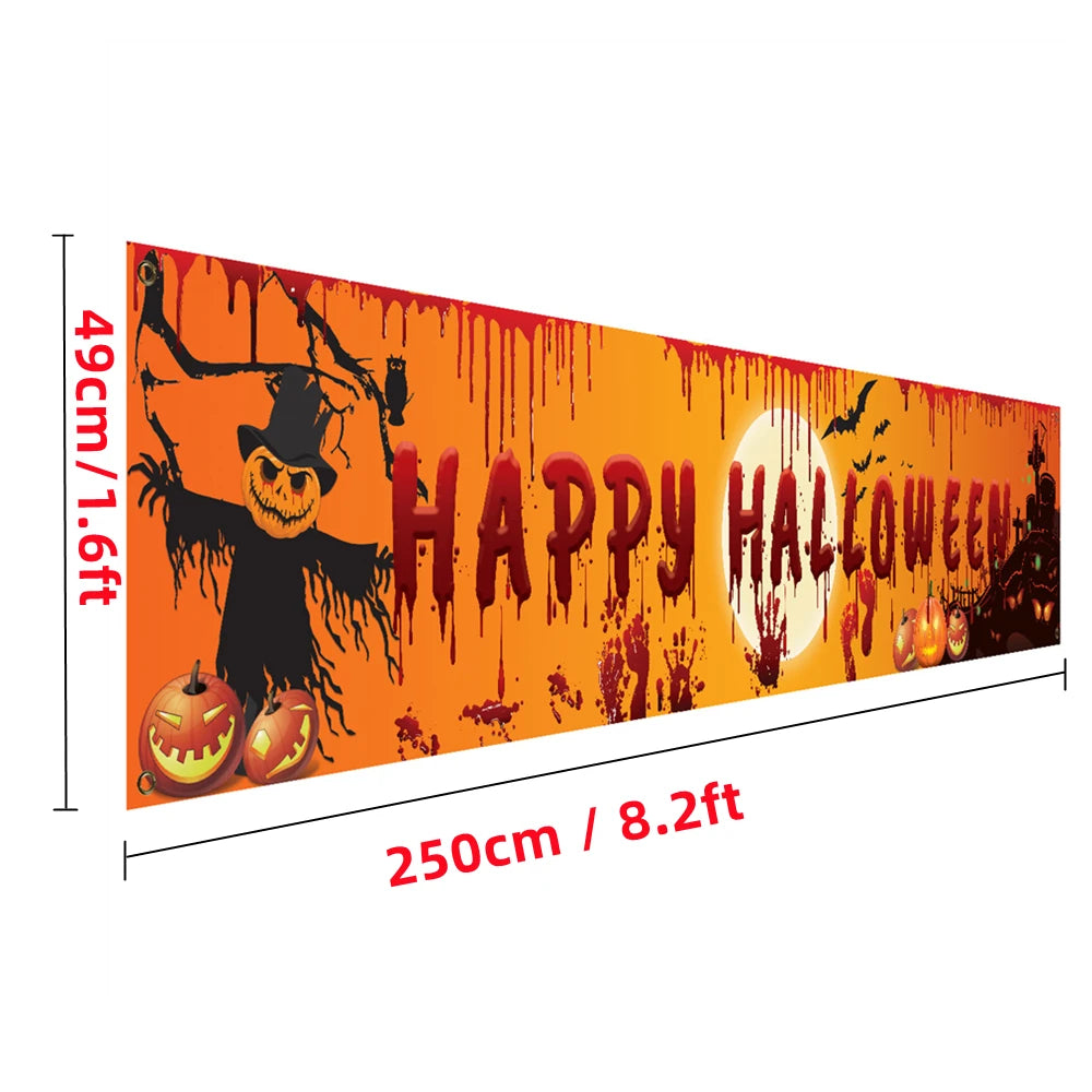 Happy Halloween Banner – 250cm Hanging Halloween Sign with Pumpkin & Bloody Handprint Design | Indoor & Outdoor Yard Party Decoration