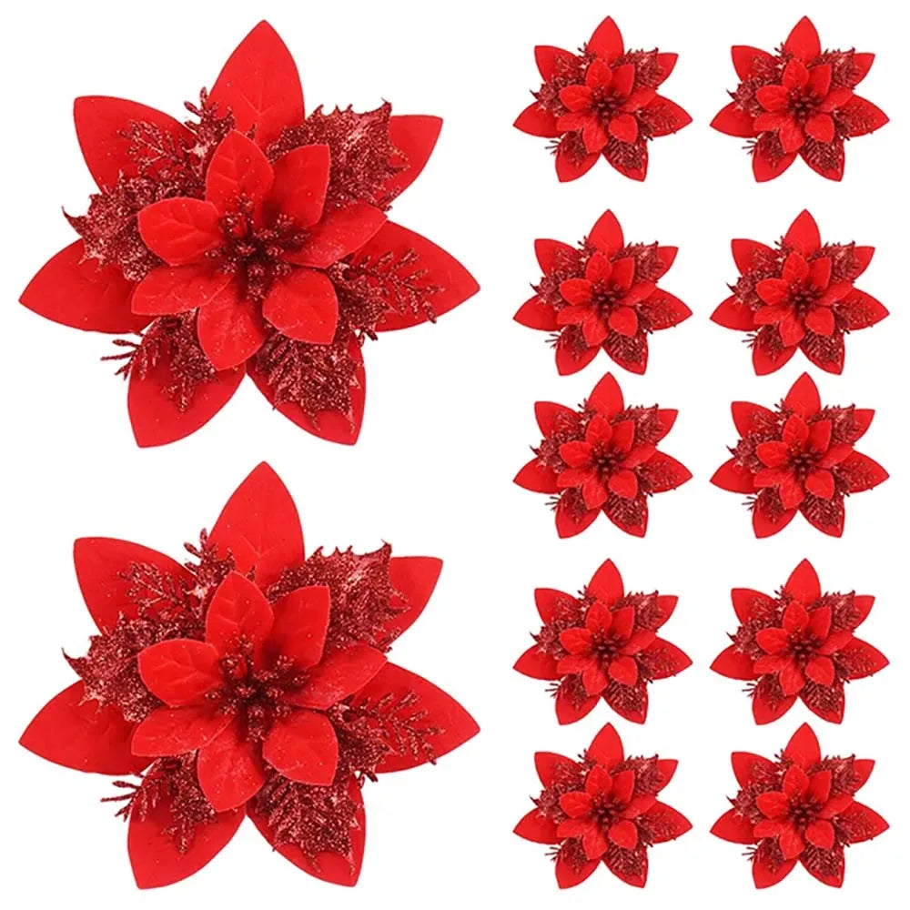 5/10pcs Glitter Christmas Poinsettia Flower Ornaments – 14.5cm Artificial Decorations for Tree & Home