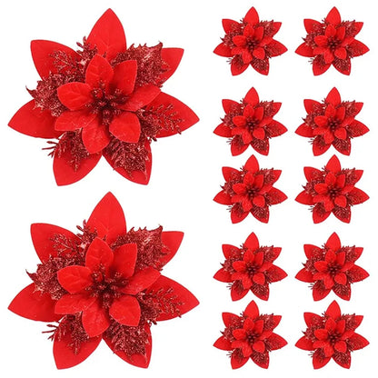 5/10pcs Glitter Christmas Poinsettia Flower Ornaments – 14.5cm Artificial Decorations for Tree & Home