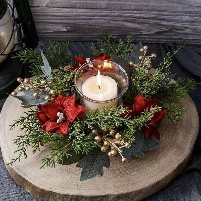 Christmas Candle Ring Wreath | Artificial Flower & Greenery Candle Holder Garland for Festive Table Décor